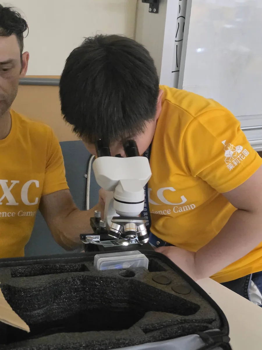 孩子把眼睛貼在桌上型雙目顯微鏡上，外師在旁邊看著